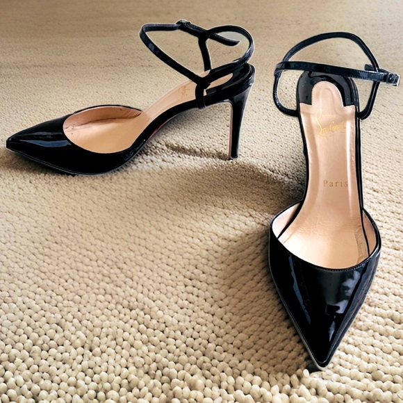 CHRISTIAN LOUBOUTIN JENLOVE ANKLE STRAP POINTED TOE PUMPS BLACK PATENT - Picture 3 of 11